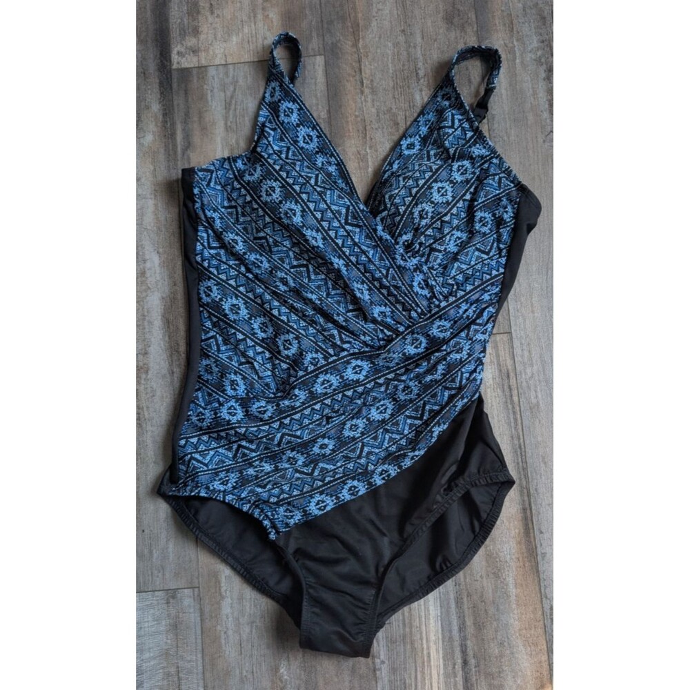 MiracleSuit Black and Blue Faux Wrap Women's 14 Swimsuit One Piece Flattering